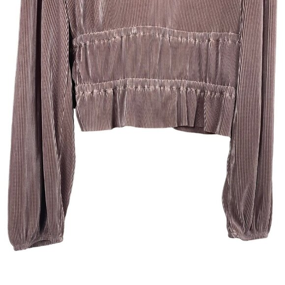 Zara Pleated V Neck Long Sleeve Ribbed Metallic Taupe Top Size Medium - Picture 10 of 12
